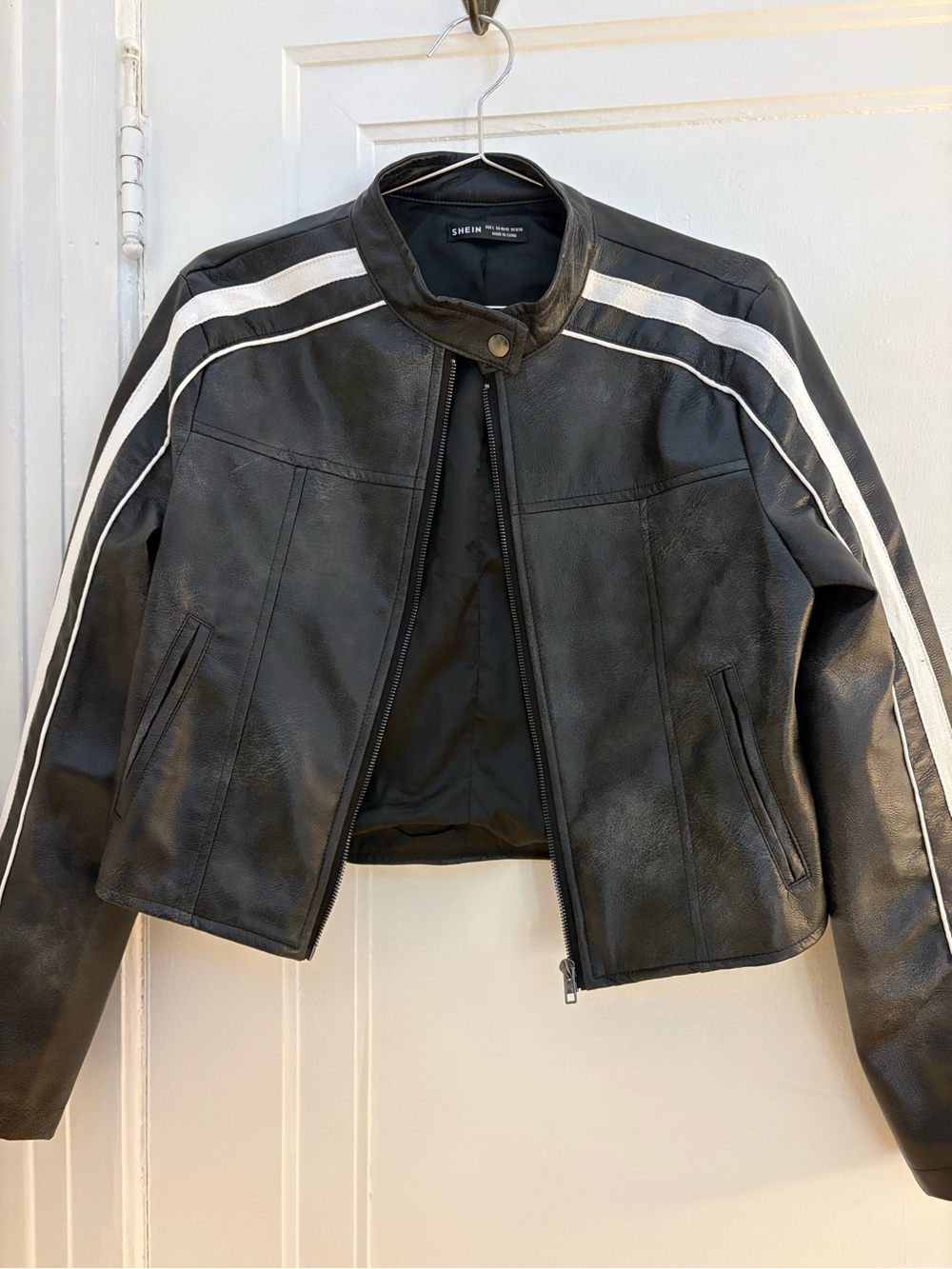 shein grey faux leather cropped moto jacket with shoulder stripes